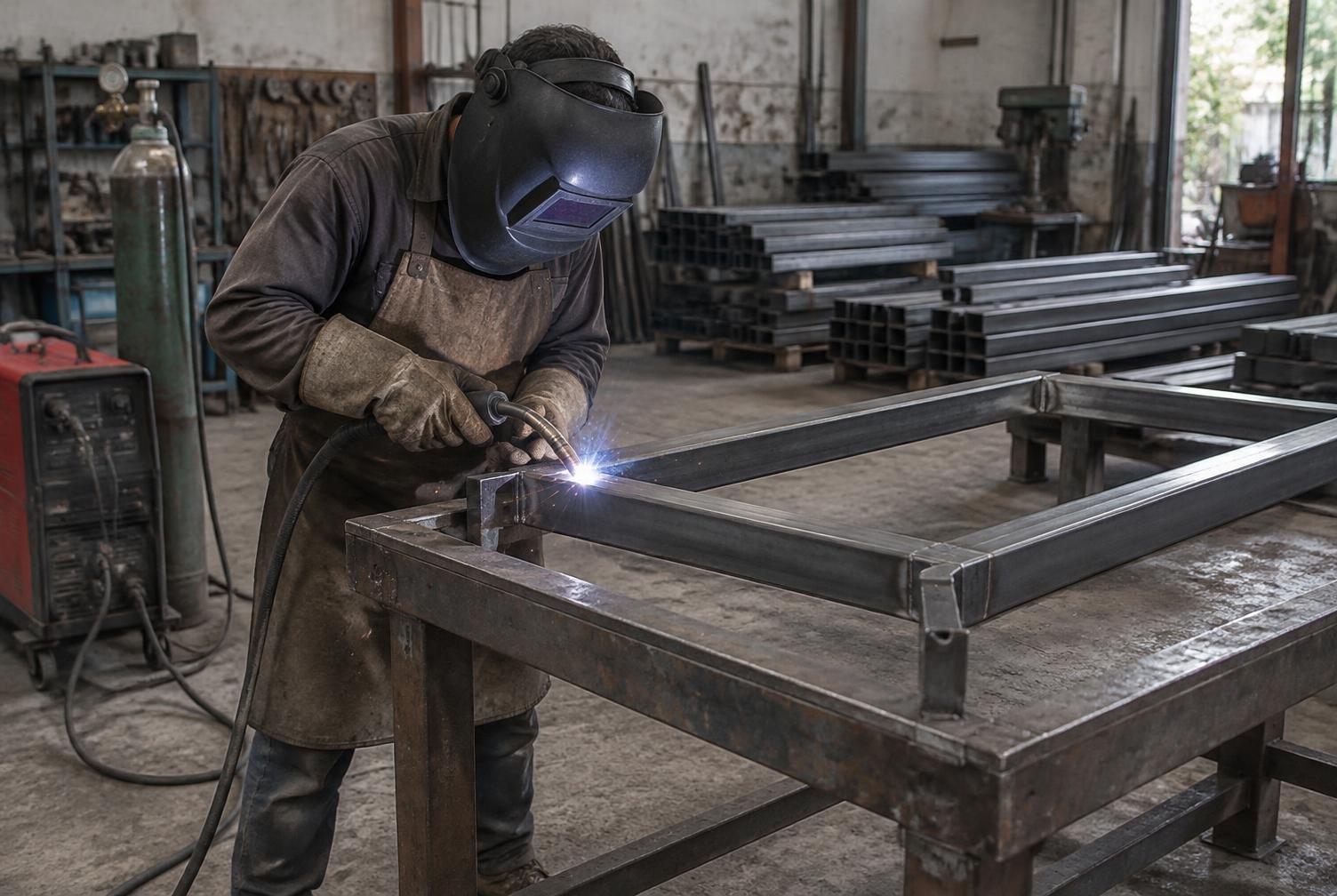 Welder fabricating a structural steel frame
