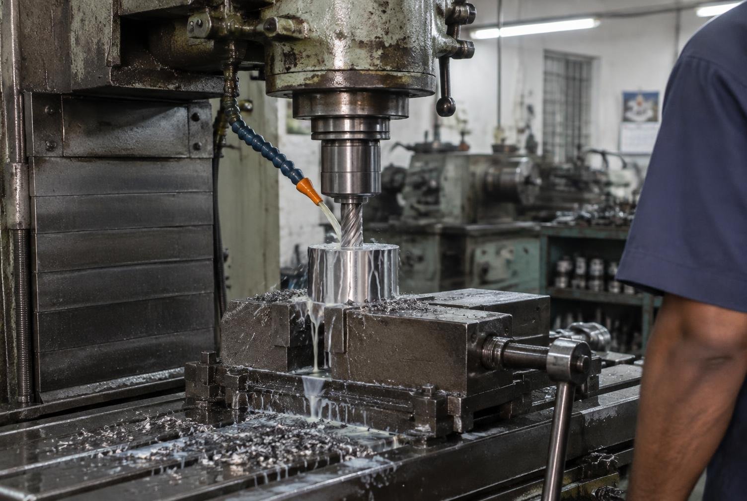 Vertical milling machine shaping a steel component
