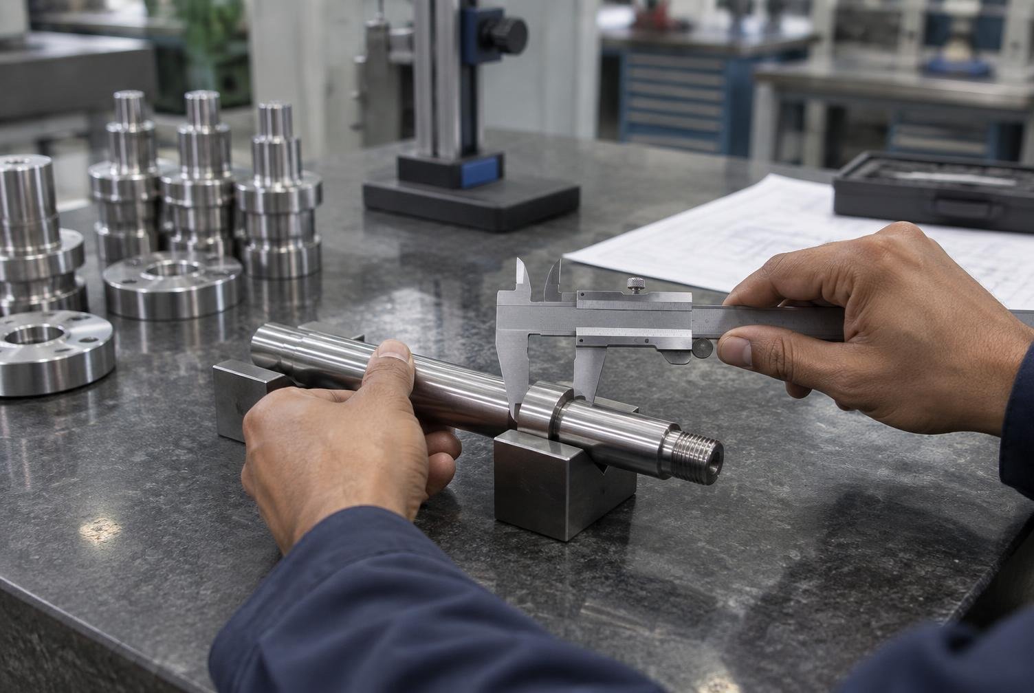 Machined steel shaft being inspected with a vernier caliper