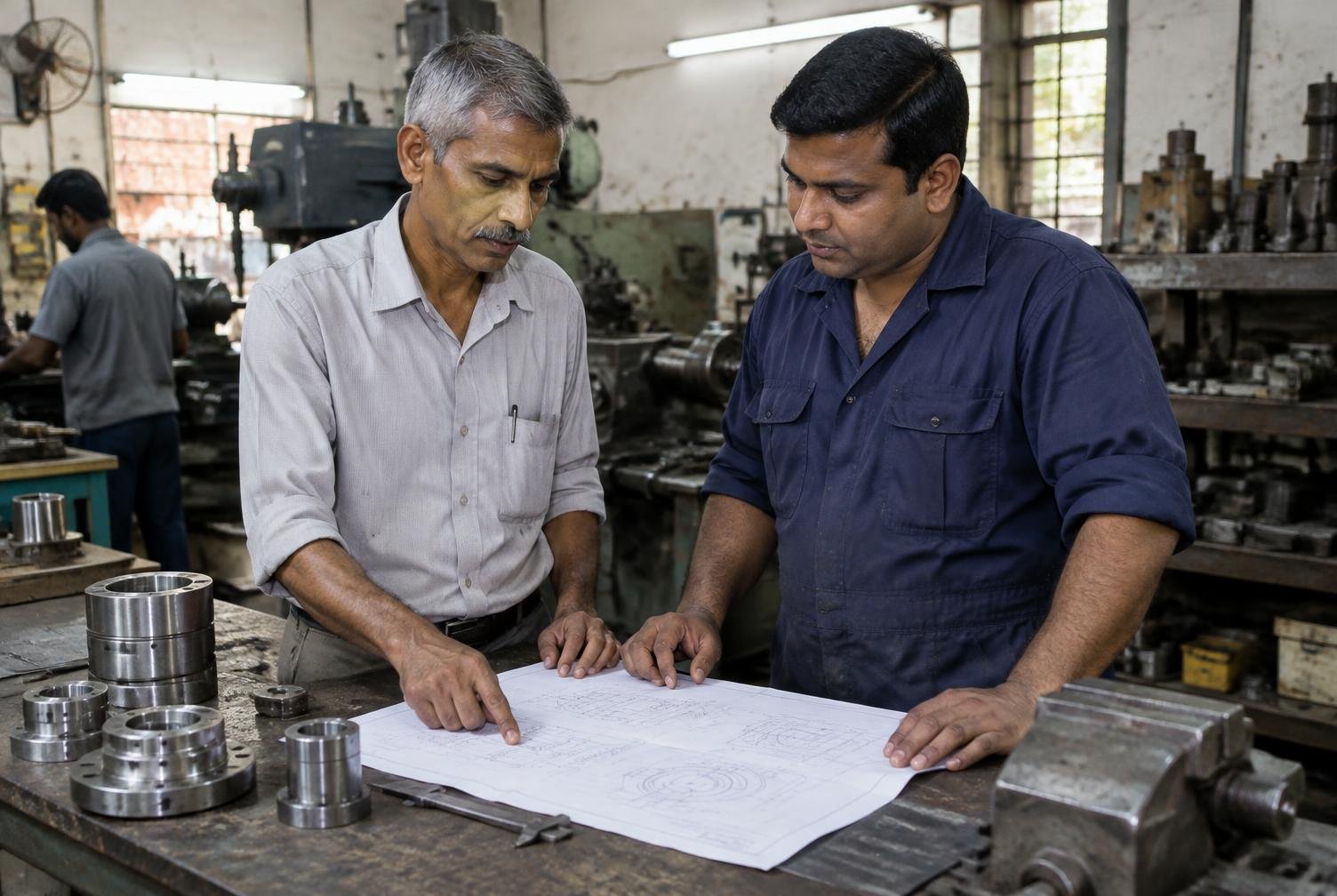 Two Turbogrey engineers reviewing a technical drawing and machined component